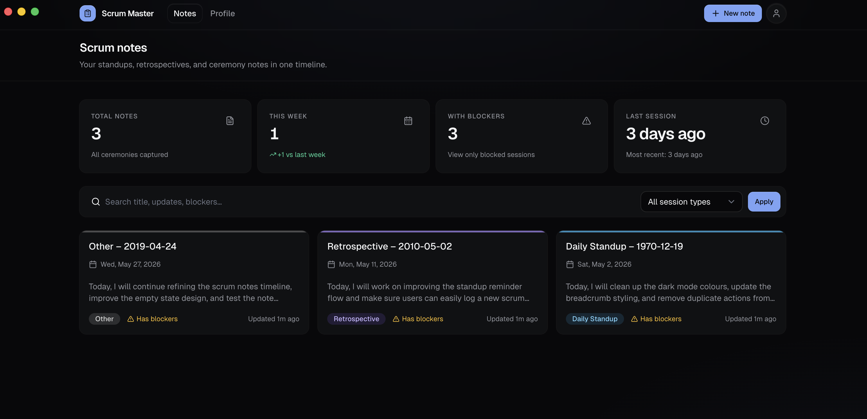 Scrum Master dashboard showing standup notes and sprint stats